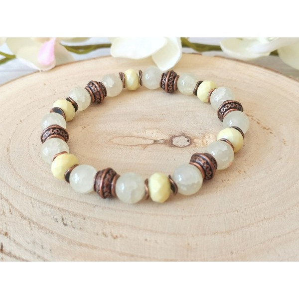 Kit bracelet fil élastique et perles en verre beige et jaune pale - Photo n°1