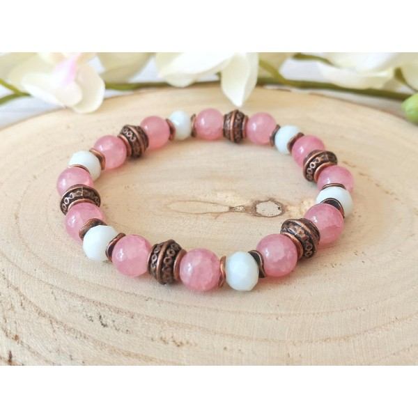 Kit bracelet fil élastique et perles en verre rose et blanche - Photo n°1