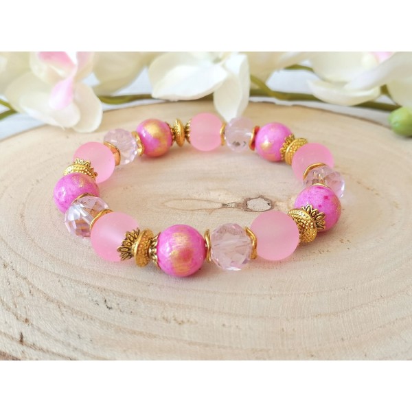 Kit bracelet fil élastique perles jade rose fuchsia - Photo n°1