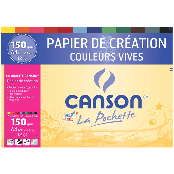 Papier de création Canson - Colorline - Couleurs vives - A4 - 150 g - 12 feuilles - Photo n°1