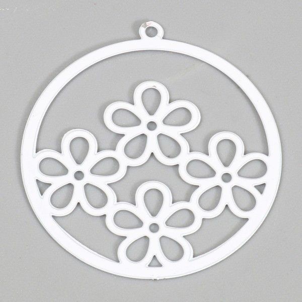 PS11887181 PAX 4 Estampes, pendentifs  multi fleurs dans cercle 25mm métal coloris Blanc - Photo n°1