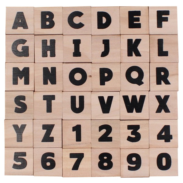 Tampons bois - Chiffres et lettres majuscules - 2 cm - 36 pcs - Tampon  enfant - Creavea