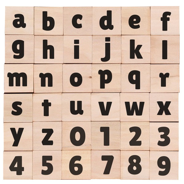 Tampons bois - Chiffres et lettres minuscules - 2 cm - 36 pcs - Photo n°1