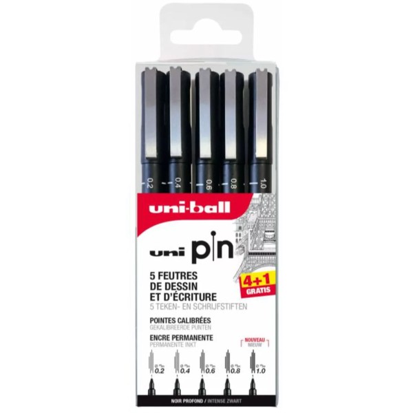 Feutres techniques - Uni Pin - Noir profond - Pointes calibrées de 0,2 à 1 mm - 5 pcs - Photo n°1