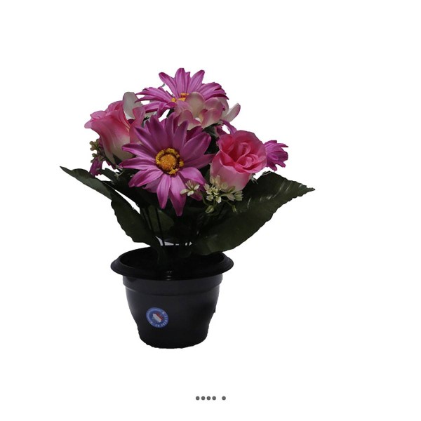 Composition fleurs artificielles cimetière pot roses et gerberas H28 cm D30 cm Rose fushia - Photo n°2