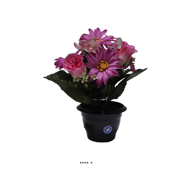 Composition fleurs artificielles cimetière pot roses et gerberas H28 cm D30 cm Rose fushia - Photo n°1