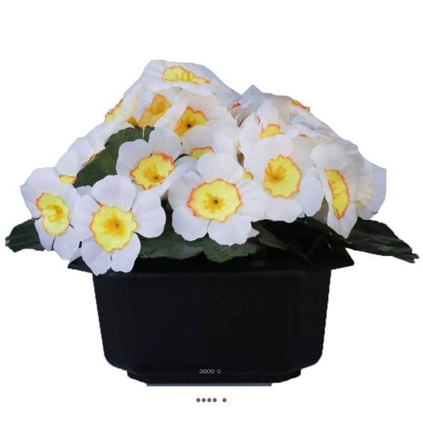 Composition fleurs artificielles cimetière pot carré primevères H17 cm D24 cm Blanc - Photo n°2