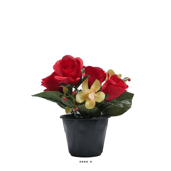 Pot composition fleurs artificielles cimetière roses et orchidées H 24 cm L 16 cm Rouge - Photo n°2