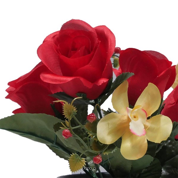 Pot composition fleurs artificielles cimetière roses et orchidées H 24 cm L 16 cm Rouge - Photo n°3
