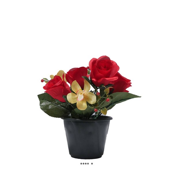 Pot composition fleurs artificielles cimetière roses et orchidées H 24 cm L 16 cm Rouge - Photo n°1