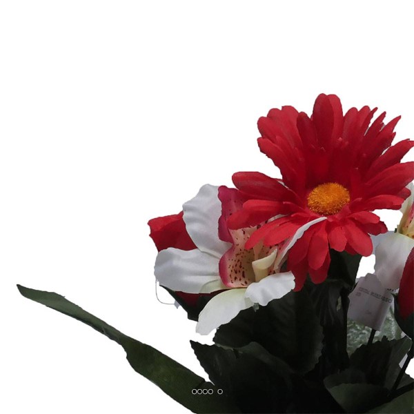 Composition fleurs artificielles cimetière gerberas et roses en pot déco H 25 cm D 20 cm Rouge - Photo n°3