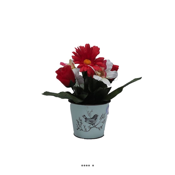 Composition fleurs artificielles cimetière gerberas et roses en pot déco H 25 cm D 20 cm Rouge - Photo n°1