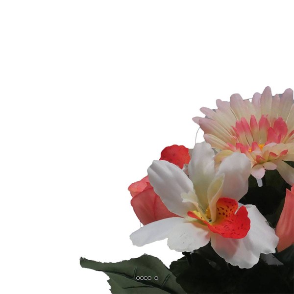 Composition fleurs artificielles cimetière gerberas et roses en pot déco H 25 cm D 20 cm Rose saumon - Photo n°3