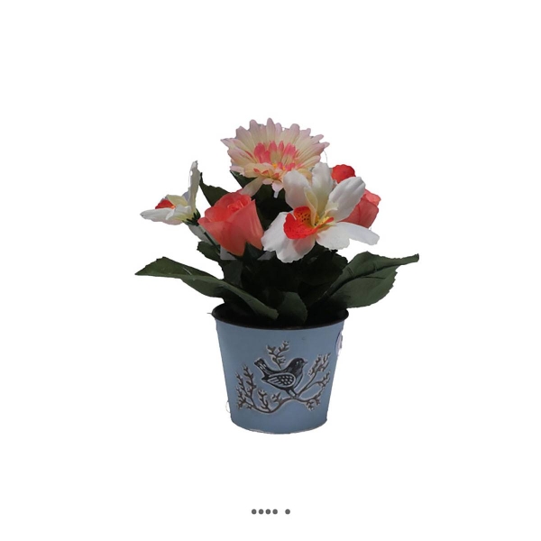 Composition fleurs artificielles cimetière gerberas et roses en pot déco H 25 cm D 20 cm Rose saumon - Photo n°1