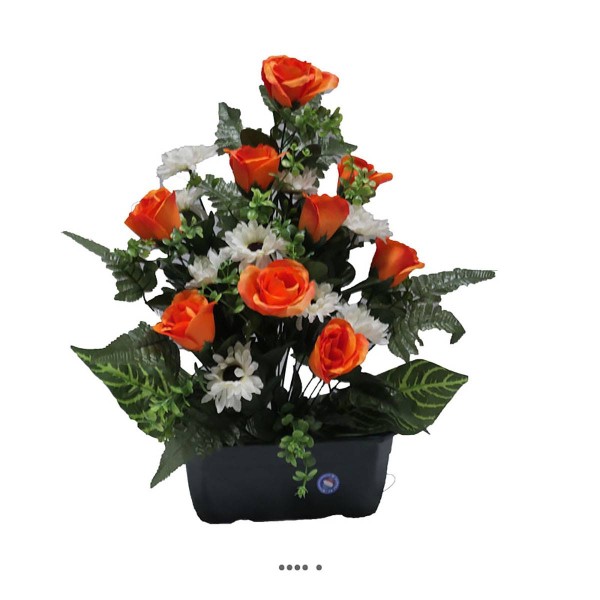 Jardinière fleurs artificielles cimetière gerberas, roses et buis H 53 cm L 40 cm Orange - Photo n°2