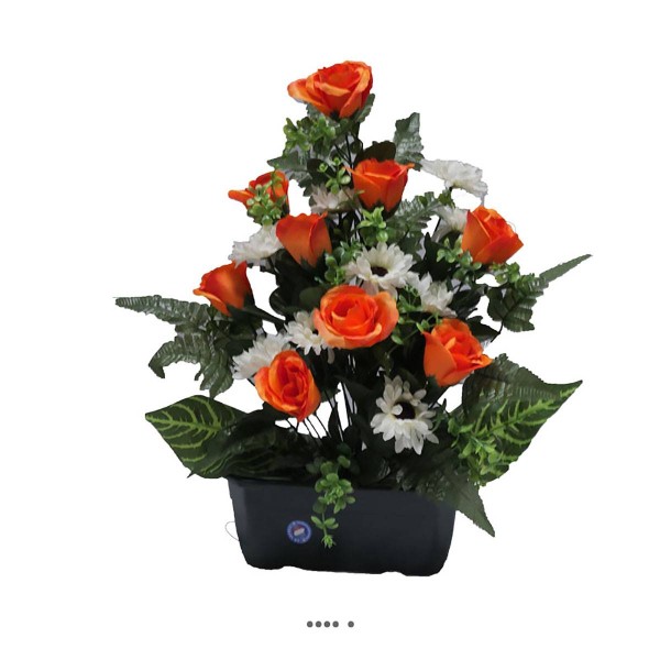 Jardinière fleurs artificielles cimetière gerberas, roses et buis H 53 cm L 40 cm Orange - Photo n°1