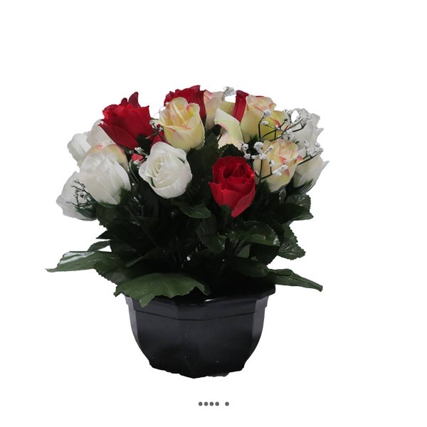 Composition fleurs artificielles cimetière pot boutons de roses D 30 cm Rouge-blanc - Photo n°2