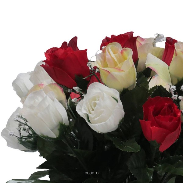 Composition fleurs artificielles cimetière pot boutons de roses D 30 cm Rouge-blanc - Photo n°3