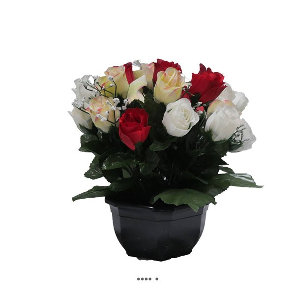 Composition fleurs artificielles cimetière pot boutons de roses D 30 cm Rouge-blanc - Photo n°1