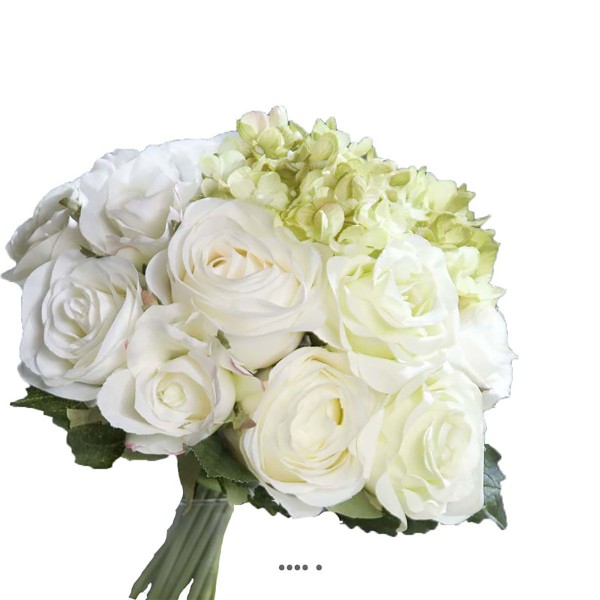 Bouquet de Roses et Hortensias factices Blanc-Vert 13 têtes D28cm - Photo n°1