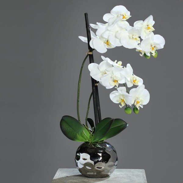 Orchidée factice 2 hampes en boule céramique Argent H50cm Blanc-neige - Photo n°1