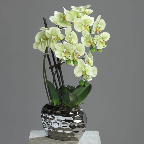 Orchidée factice 3 hampes en pot céramique Argent H55cm Crème vert - Photo n°1