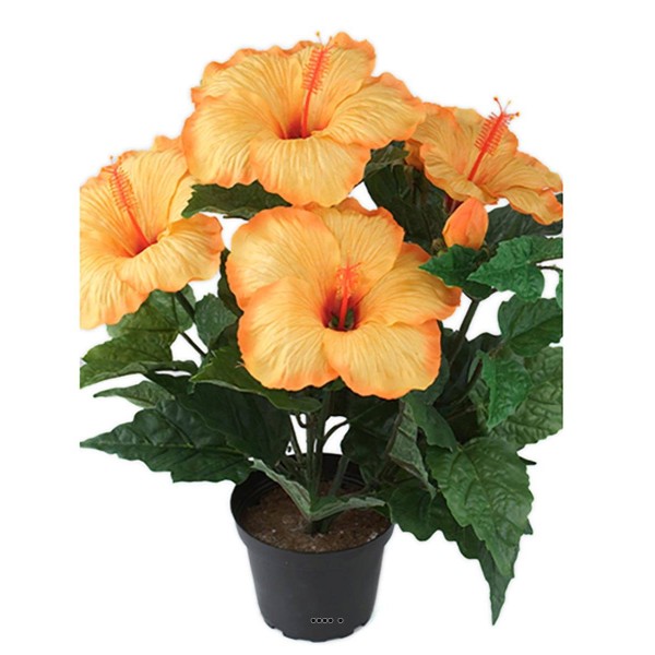 Hibiscus artificiel en pot H 38 cm 6 têtes Orange Safran - Photo n°1