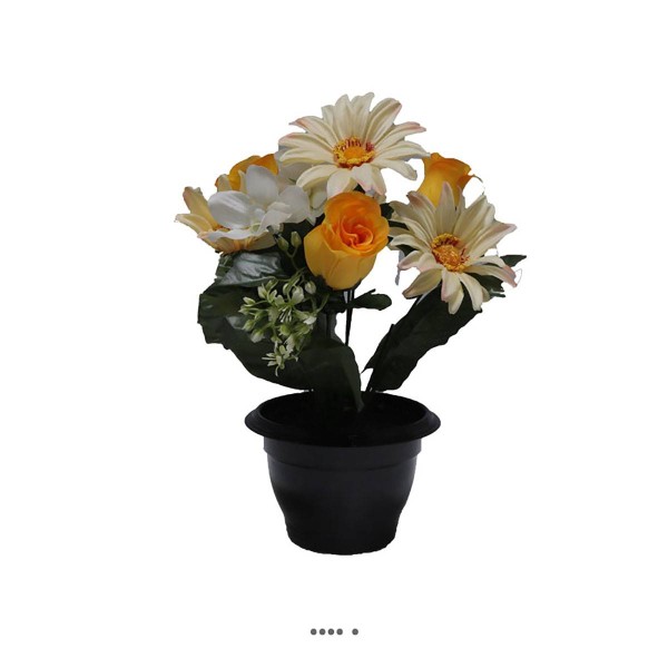 Composition fleurs artificielles cimetière pot roses et gerberas H28 cm D30 cm Jaune - Photo n°1