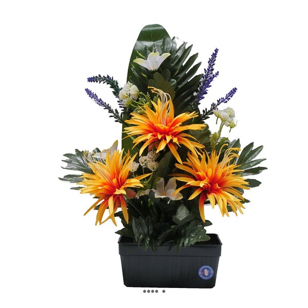 Mini jardinière fleurs artificielles cimetière dahlias lavande et orchidées H 49 cm L 30 cm Jaune - Photo n°1