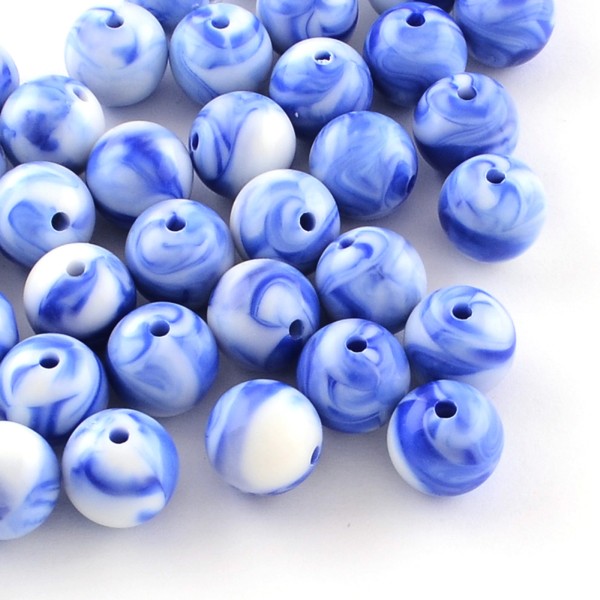 LOT 50 PERLES ACRYLIQUES : rondes marbrées bleu/blanche 9.5mm (01) - Photo n°1