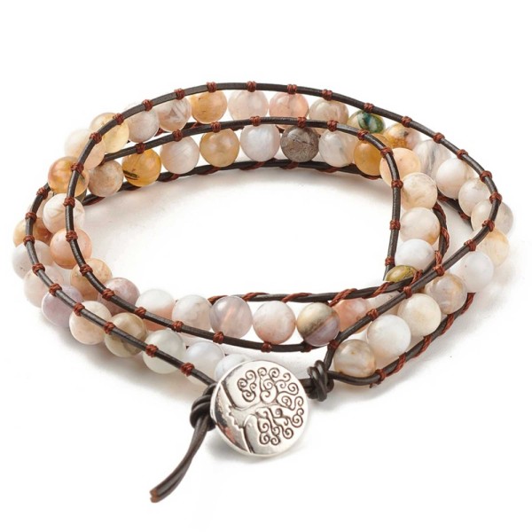 Bracelet wrap 2 tours avec perles d'agate feuilles de bambou sur cordon cuir arbre de vie . - Photo n°1