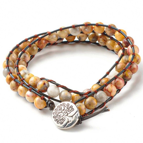 Bracelet wrap 2 tours avec perles d'agate crazy lace sur cordon cuir arbre de vie . - Photo n°1