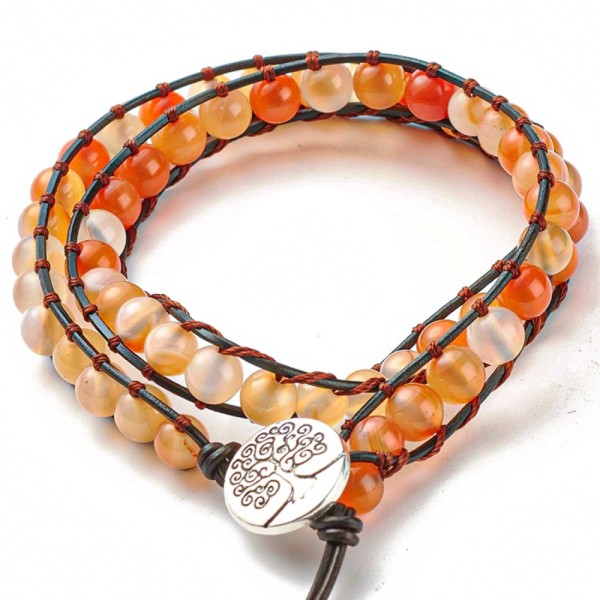 Bracelet wrap 2 tours avec perles de cornaline sur cordon cuir arbre de vie . - Photo n°1