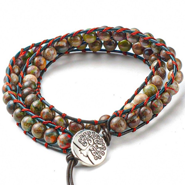 Bracelet wrap 2 tours avec perles d'agate tropicale sur cordon cuir arbre de vie . - Photo n°1