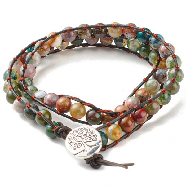 Bracelet wrap 2 tours avec perles d'agate indienne sur cordon cuir arbre de vie . - Photo n°1