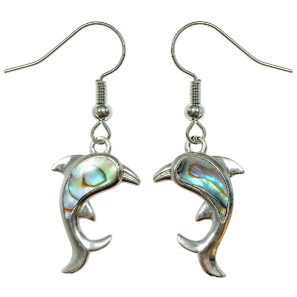 Boucles d'oreilles dauphin avec nacre abalone paua. - Photo n°1