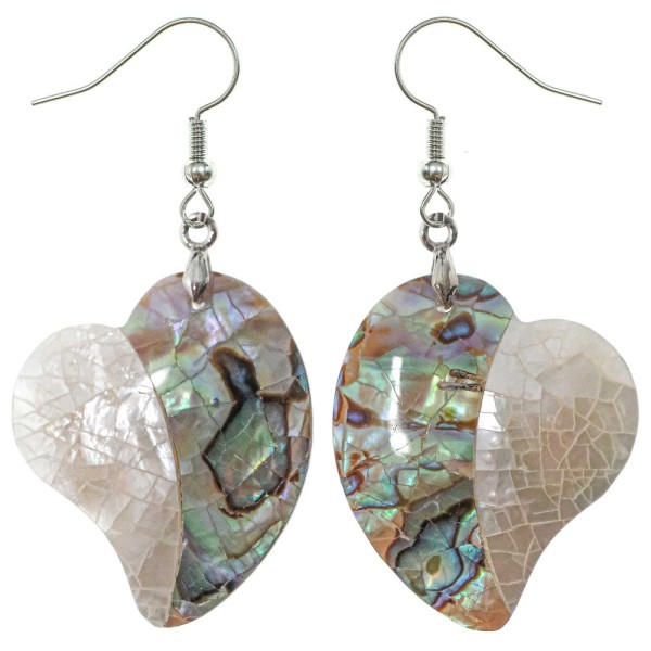 Boucles d'oreilles coeur en nacre blanche et abalone paua. - Photo n°1