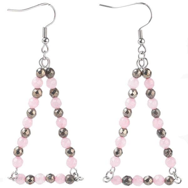 Boucles d'oreilles triangle avec perles de quartz rose et pyrite. - Photo n°1