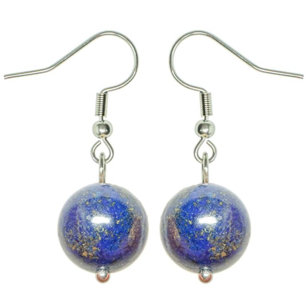 Boucles d'oreilles pendante perle ronde lapis-lazuli. - Photo n°1