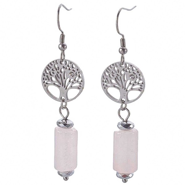 Boucles d'oreilles avec perle tubulaire quartz rose et arbre de vie. - Photo n°1