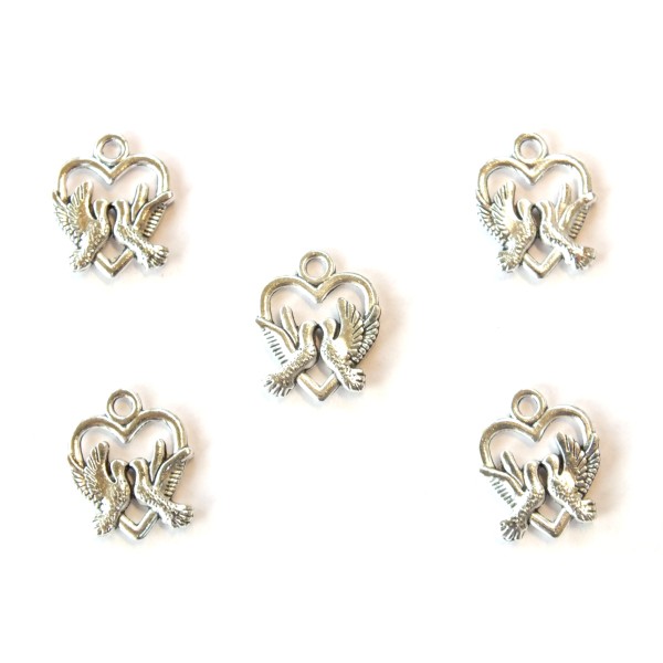 LOT 5 CHARMS/BRELOQUES  plaqué argent : coeur colombe 18*15mm - Photo n°1