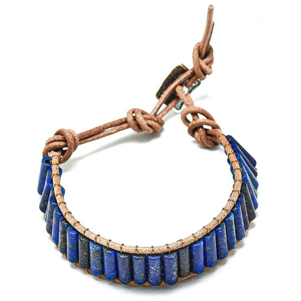 Bracelet wrap colonnes en lapis-lazuli et cuir. - Photo n°1