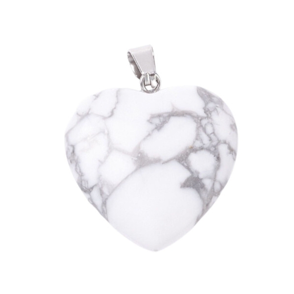Grand pendentif coeur en howlite blanche + chaine 2,5cm - Photo n°3