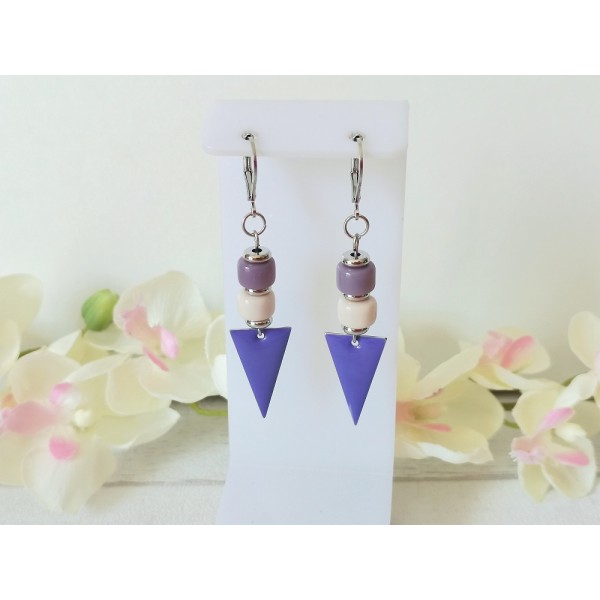 Kit boucles d'oreilles sequin émail triangle violet et perles en verre colonne - Photo n°1