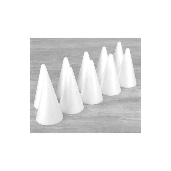 Lot 10 petits cônes en polystyrène, haut 6,5 cm, diamètre de la base 4 cm, densité supérieure - Photo n°1