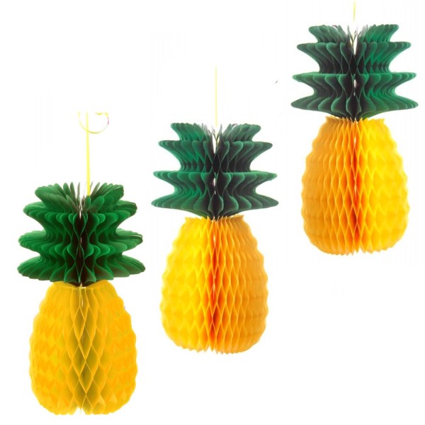 3 Ananas papier Alvéolé jaune et vert, hauteur 31 cm, décoration estivale et exotique - Photo n°1