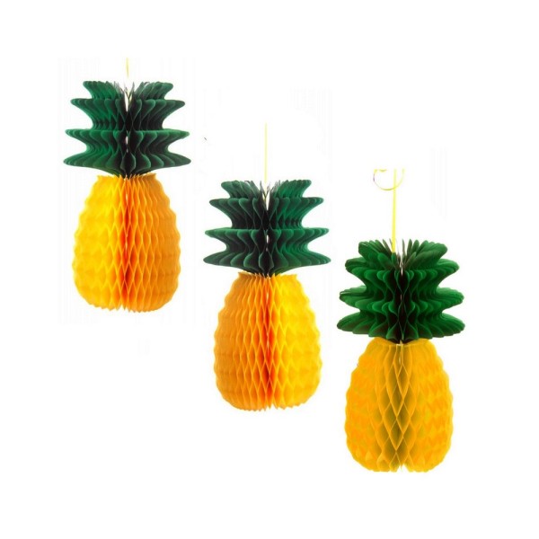 3 petits Ananas en papier de soie Alvéolé jaune et vert, hauteur 20 cm, décoration estivale et exoti - Photo n°1