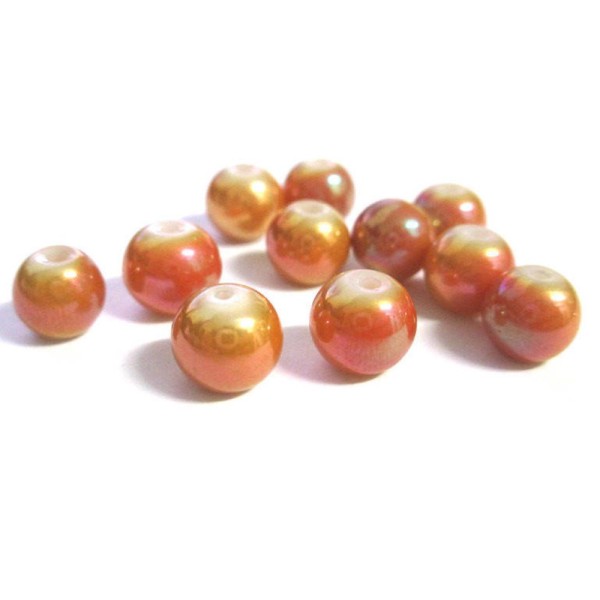 10 Perles en verre nacré brillant orange peint 8mm - Photo n°1