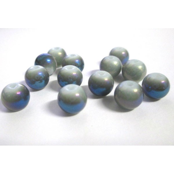 10 Perles en verre nacré brillant gris reflets bleu peint 8mm - Photo n°1