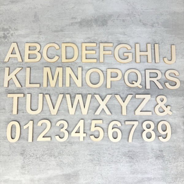 Chiffres et lettres alphabet complet, haut. 4 cm x ép. 2 mm, 37 pièces en bois contreplaqué mdf - Photo n°1